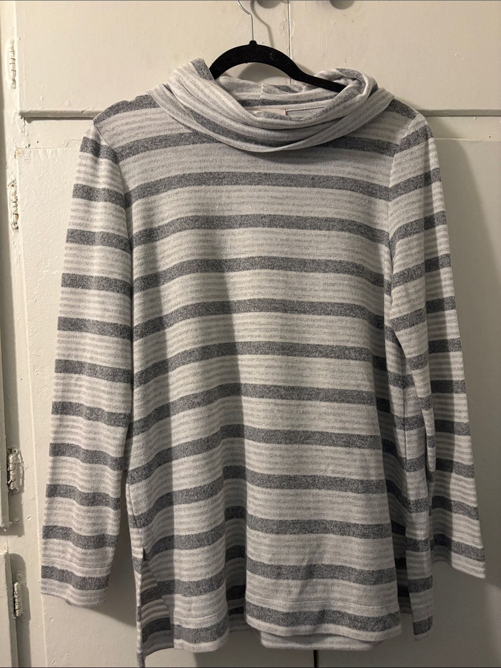 LOFT Gray and White Striped Turtleneck Sweater